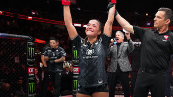 Tracy Cortez reacts after her victory over Jasmine Jasudavicius of Canada in a flyweight fight during the Noche UFC event at T-Mobile Arena on September 16, 2023 in Las Vegas, Nevada. (Photo by Chris Unger/Zuffa LLC)