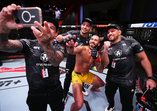 Vitor Petrino of Brazil reacts after his victory against Tyson Pedro of Australia in a light heavyweight bout during the UFC Fight Night event at UFC APEX on March 02, 2024 in Las Vegas, Nevada. (Photo by Jeff Bottari/Zuffa LLC)